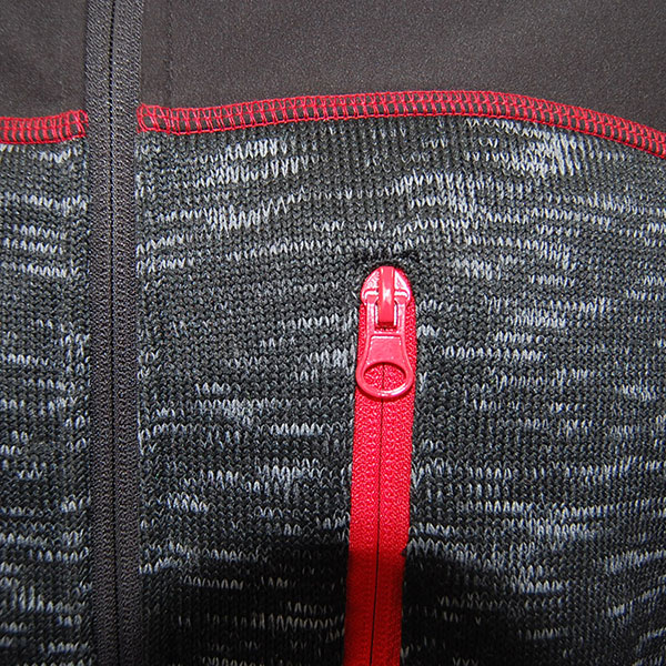 Mens hybrid jacket knitted Melange shell with softshell patch for reinforcement zip Up Interlock Jacket With Contrast Trim