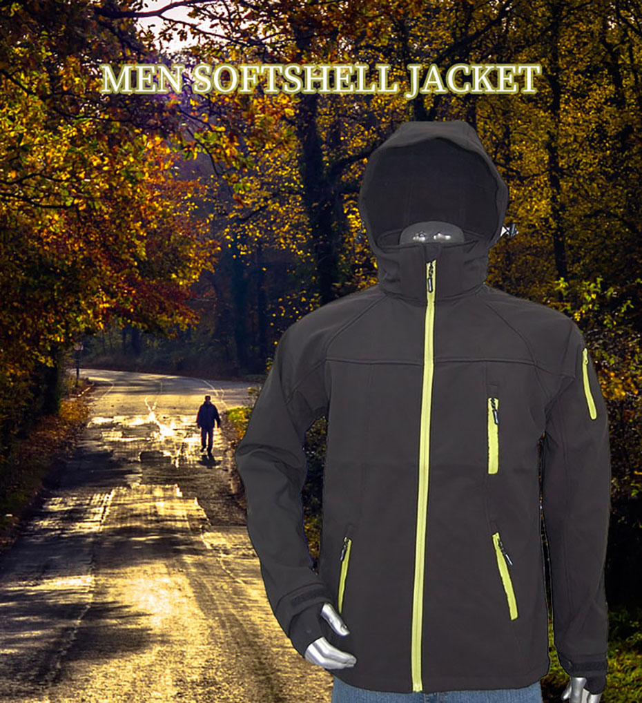Mens Softshell Jacket With Detachable Hood Spandex Inner Cuff Windproof Waterproof Breathable Outdoor Sport Jacket