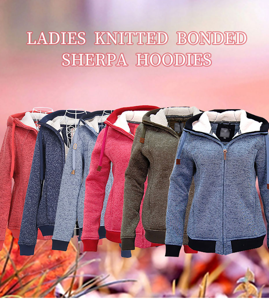 European Style Fashion Woman Outdoor Knitted Sherpa-bonded Hoodies Plus Size Hoodies Outdoor Sport Jacket Winter Thick Warm Jacket ladies melange sporting hoodies