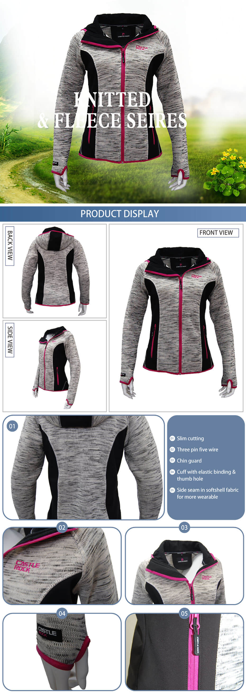 Womens Outdoor Knitted Melange Sport Zip Up Interlock Jacket With Contrast Trim womens sporting knitted jacket without hood