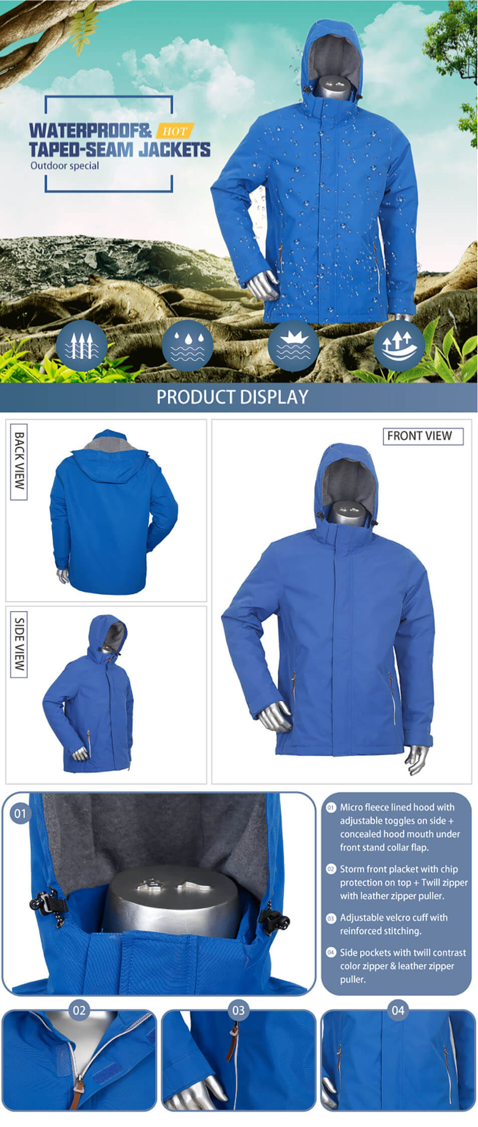 Mens outdoor fleece-lined jacket detachable hood waterproof and taped-seams