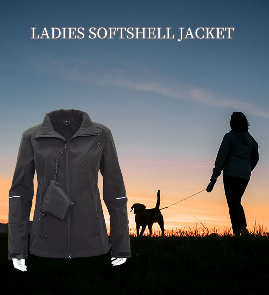 Custom Ladies Sublimation Black Softshell Jacket With Reflection Womens Outdoor Softshell Jacket With Detachable Hood ladies outdoor softshell walker coat