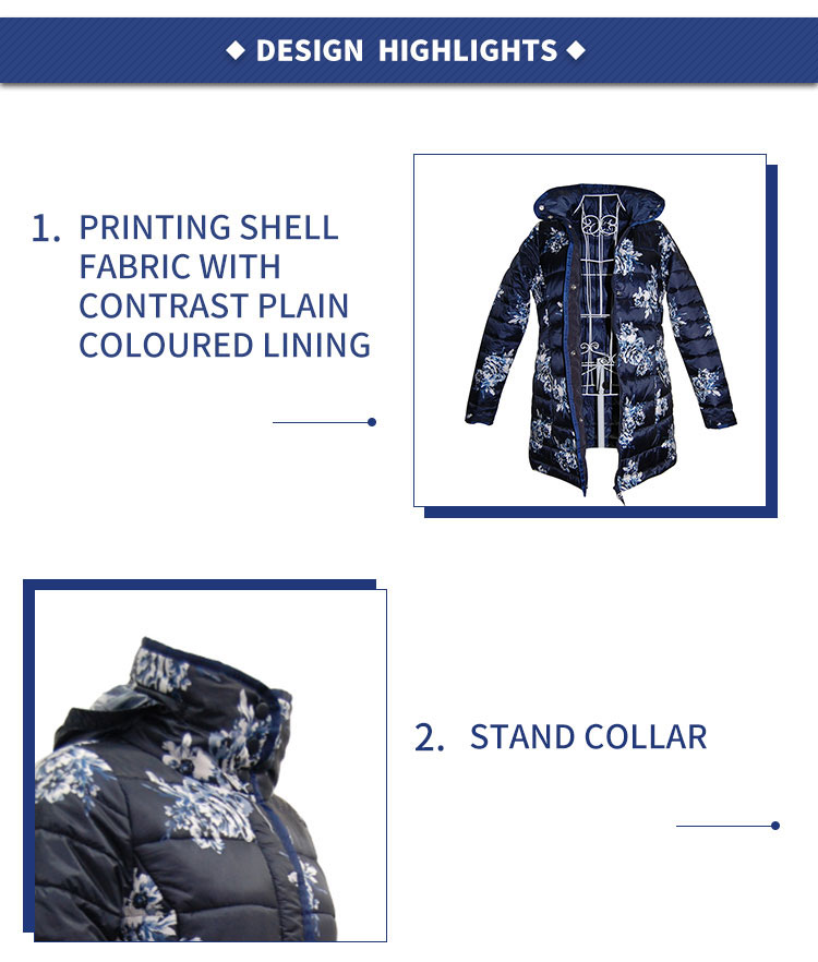 Womens Digital Printing Puffer Jakcet Winter Warm Jacket Custom Printing Down Jacket With Concealed Hood lightweight cozzy parka puffer overcoat