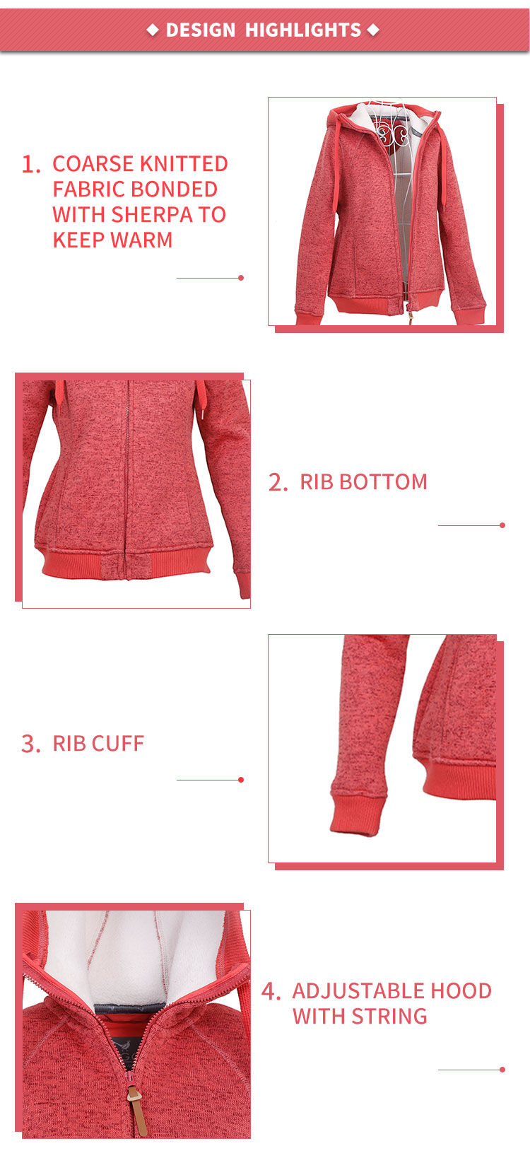 European Style Fashion Woman Outdoor Knitted Sherpa-bonded Hoodies Plus Size Hoodies Outdoor Sport Jacket Winter Thick Warm Jacket ladies melange sporting hoodies