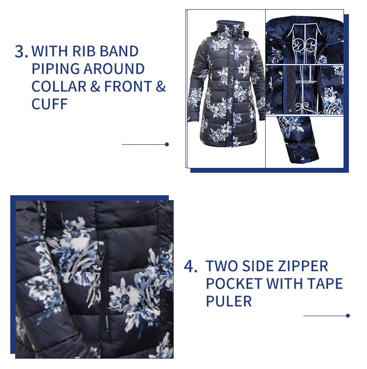 Womens Digital Printing Puffer Jakcet Winter Warm Jacket Custom Printing Down Jacket With Concealed Hood lightweight cozzy parka puffer overcoat